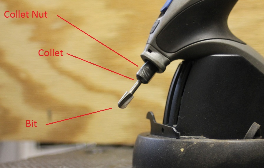 A Dremel tool with collet labeled